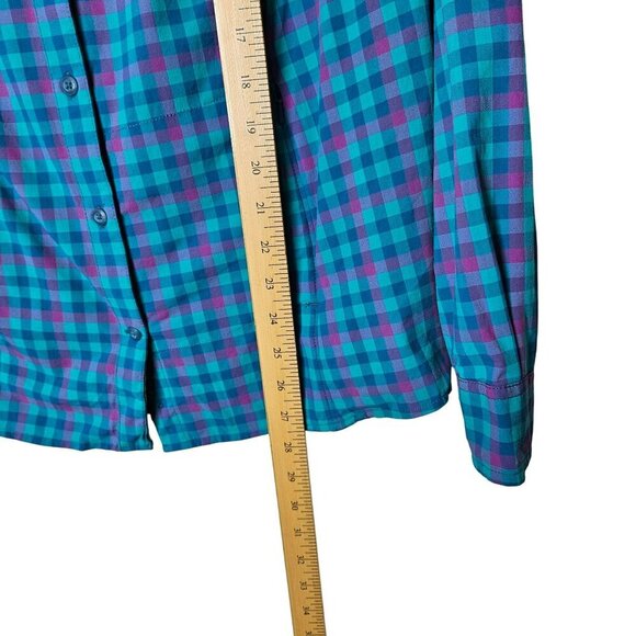 Duluth Trading Womens Large Blue Purple Plaid Button-Up Shirt Fishing Zip Pocket - Picture 11 of 13